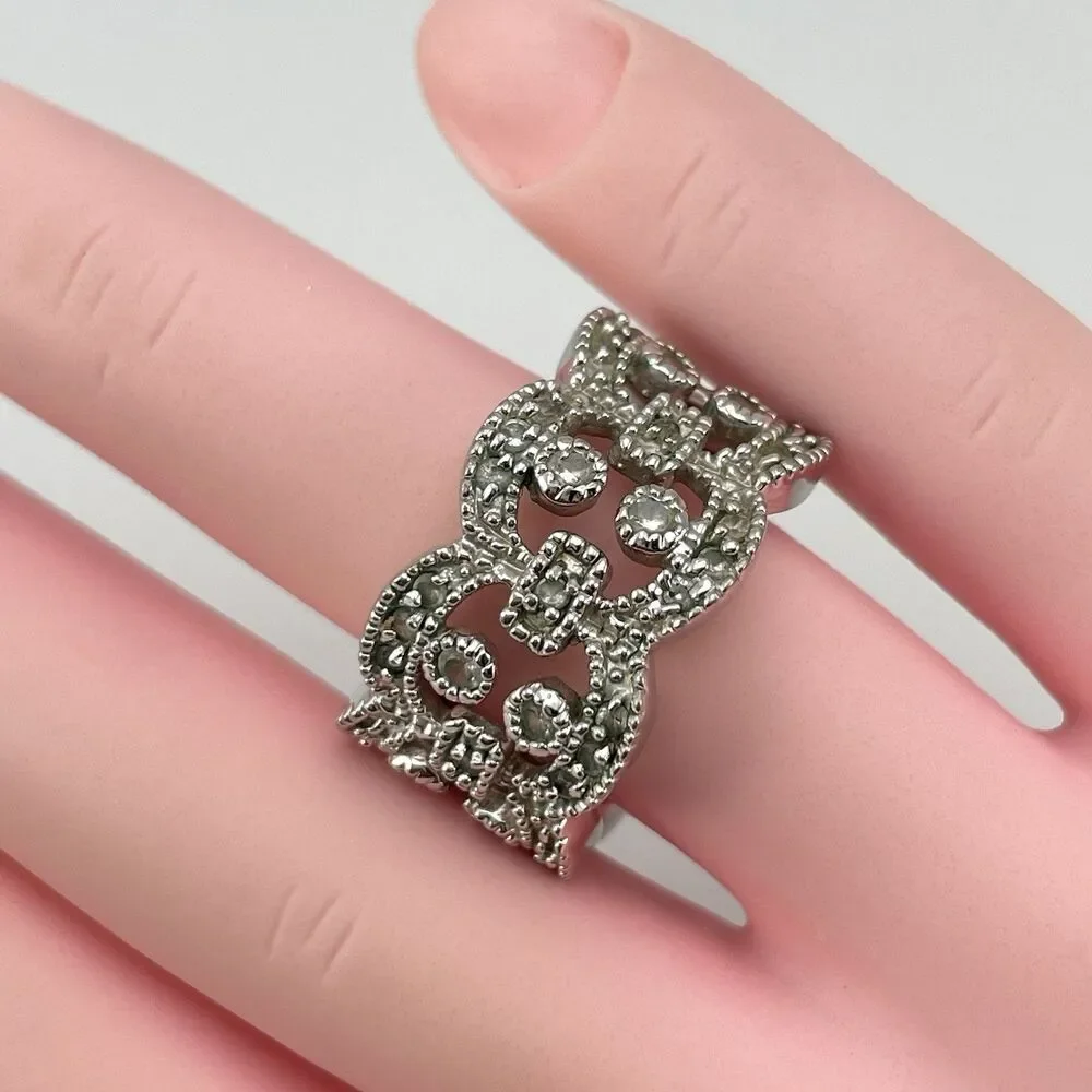 Premier Designs White Rhinestone Wide Ring Band  Sz 6 Boho Statement Cocktail